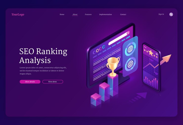 Vector gratuito banner de análisis de ranking seo. analítica digital de optimización de contenidos en buscadores. página de inicio con tablas y gráficos isométricos en la computadora y la pantalla del móvil