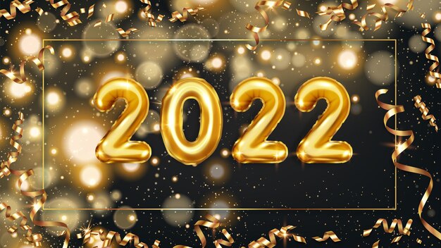 Banner de año nuevo 2022 globos dorados en marco horizontal