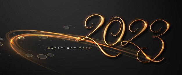 Banner de año nuevo 2023 con elemento de diseño de onda brillante abstracto Feliz año nuevo 2023 Ilustración vectorial