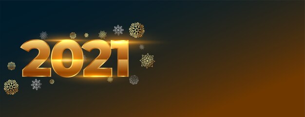 Banner de año nuevo brillante creativo con números 2021 y copos de nieve