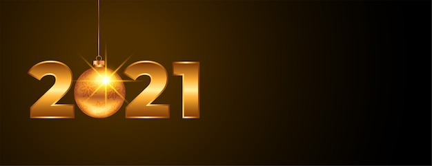 Banner de año nuevo dorado 2021 con bola de navidad