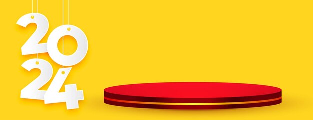 Banner de año nuevo con letras colgantes de 2024 con podio 3D para el vector de visualización de productos