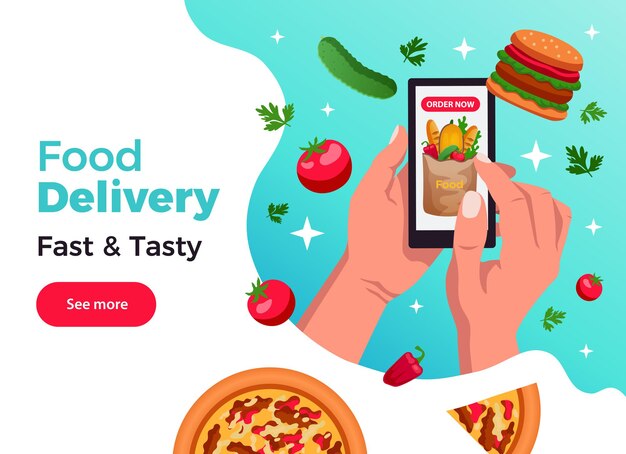 Banner de aplicación de pedido de comida con manos sosteniendo ilustración plana de teléfono inteligente