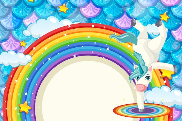 Banner de arco iris con lindo unicornio sobre fondo de escamas de peces de colores