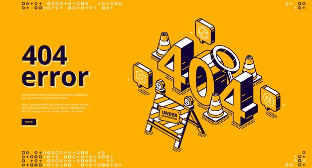 Banner de aterrizaje isométrico de error 404, mantenimiento del sitio web, concepto de página no encontrada con conos de tráfico y letrero en construcción