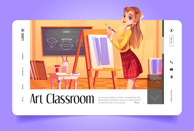 Vector gratuito banner de aula de arte con pintora de niña con pincel