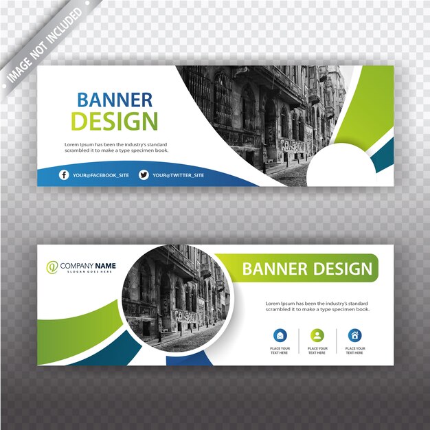Banner blanco con detalles verdes y azules