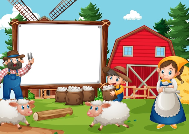 Banner en blanco en la escena de la granja con familia feliz