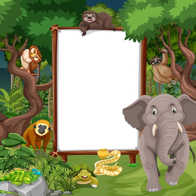 Vector gratuito banner en blanco en la escena de la selva tropical con animales salvajes