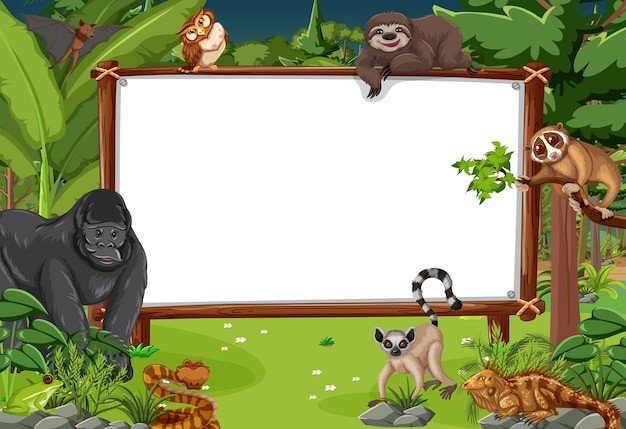 Banner en blanco en la escena de la selva tropical con animales salvajes