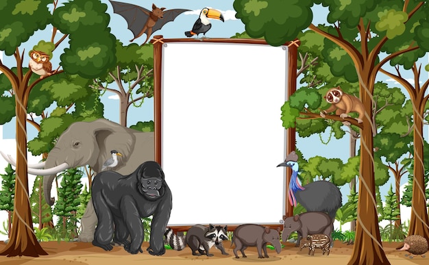 Banner en blanco en la escena de la selva tropical con animales salvajes