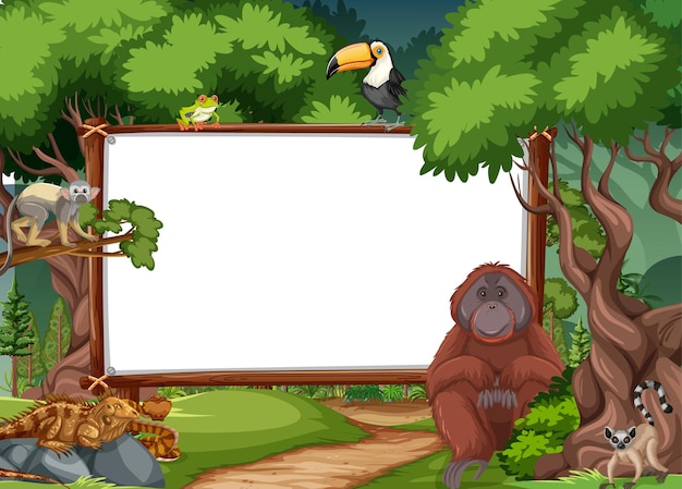 Banner en blanco en la escena de la selva tropical con animales salvajes