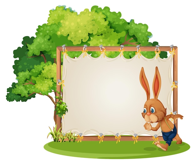 Banner en blanco en el jardín con un conejo aislado