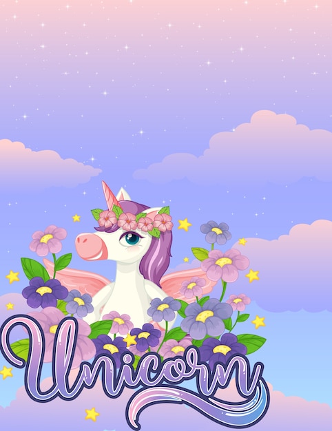 Banner en blanco con lindo unicornio en el cielo pastel