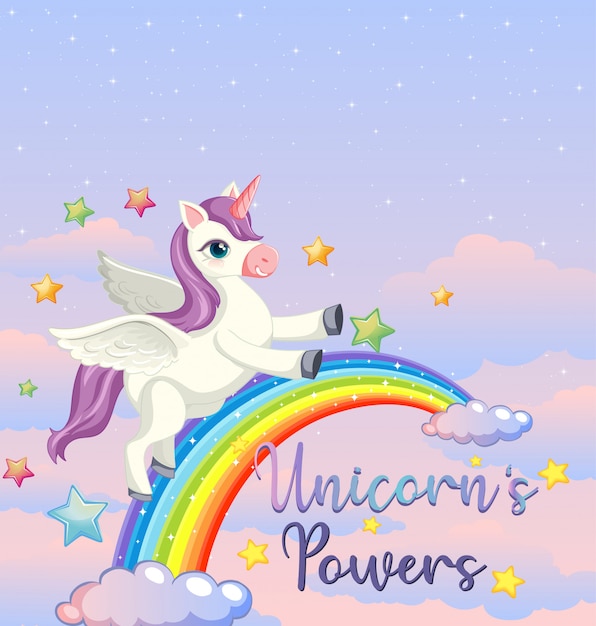Banner en blanco con lindo unicornio en el fondo del cielo en colores pastel