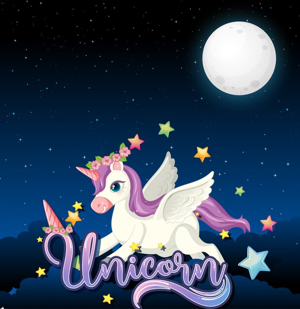 Banner en blanco con lindo unicornio en fondo de cielo nocturno