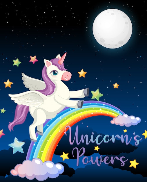 Banner en blanco con lindo unicornio en el fondo del cielo nocturno