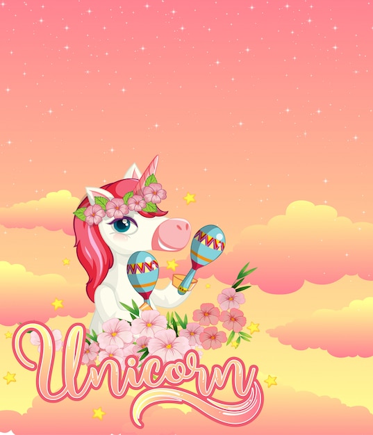 Vector gratuito banner en blanco con lindo unicornio en el fondo del cielo pastel