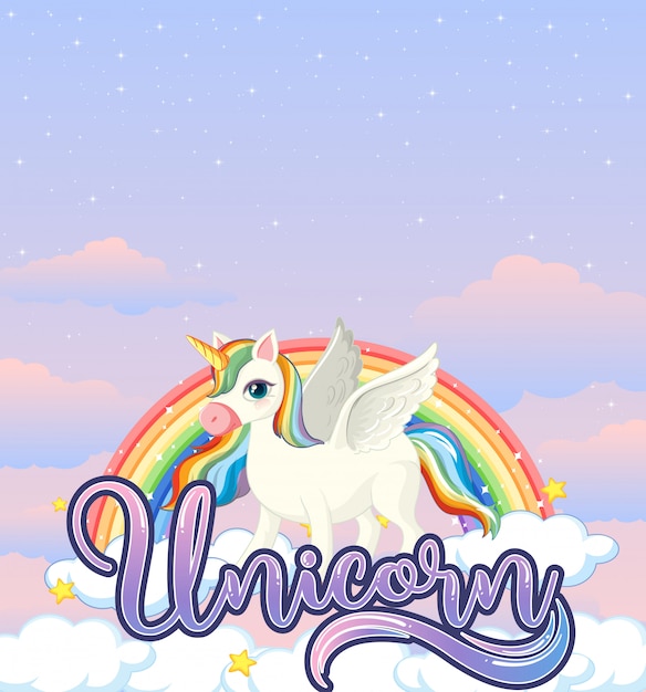 Vector gratuito banner en blanco con lindo unicornio en el fondo del cielo pastel