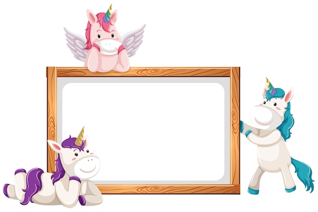 Banner en blanco con lindos unicornios aislado sobre fondo blanco.