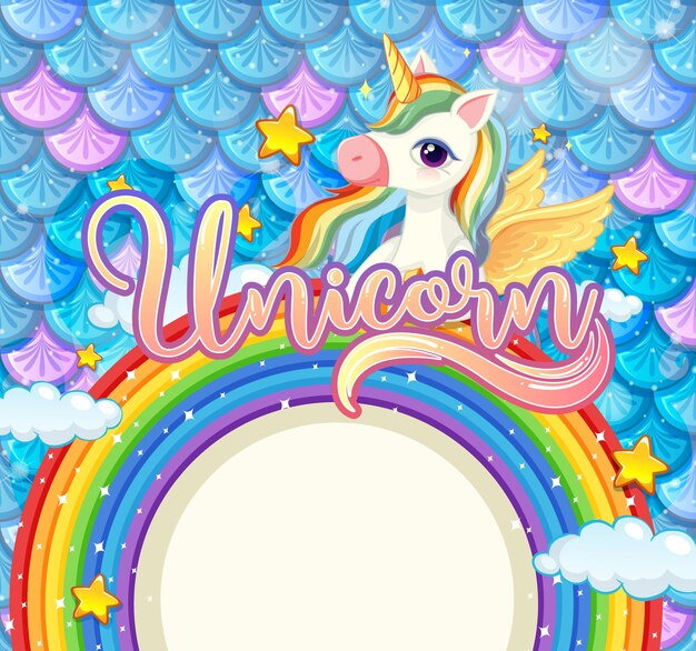 Banner en blanco con marco de arco iris sobre fondo de escamas de pescado azul