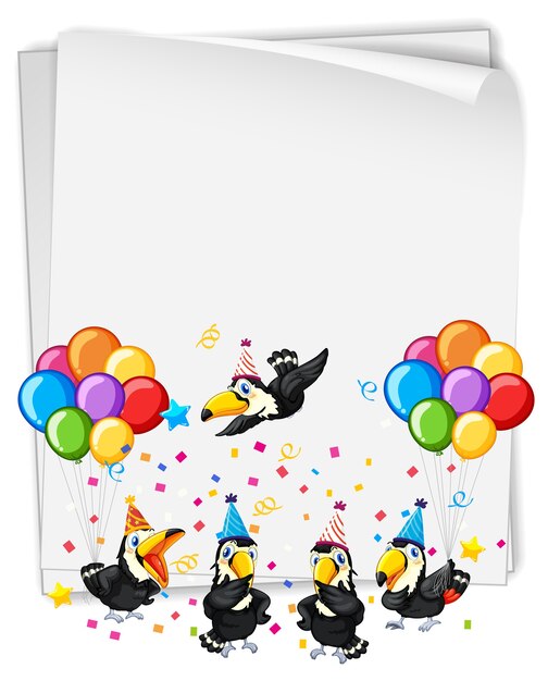 Banner en blanco con muchos pájaros en tema de fiesta