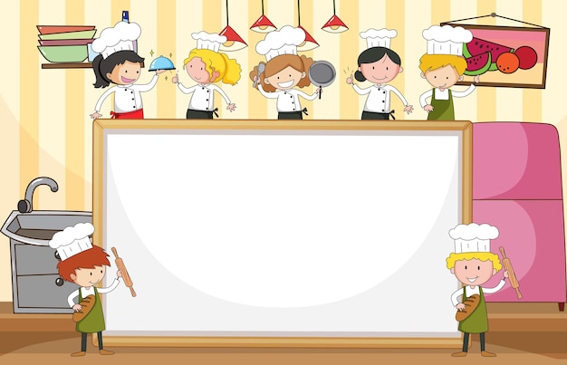 Banner en blanco con muchos pequeños chefs en la cocina