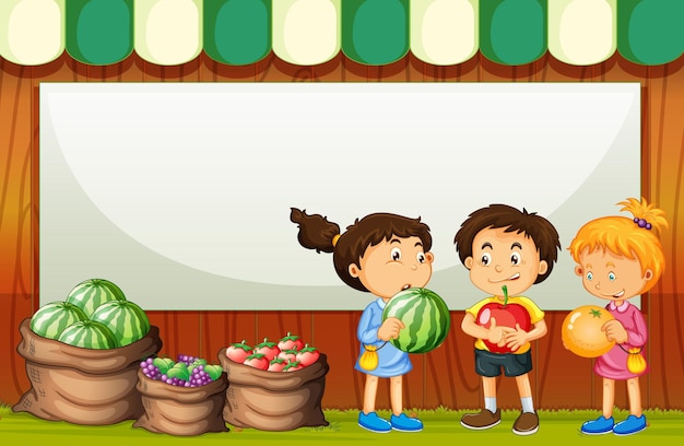 Vector gratuito banner en blanco con tres niños en tema de mercado de frutas