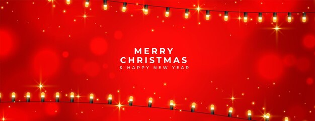 Banner de bokeh rojo brillante feliz navidad con cadena de luz