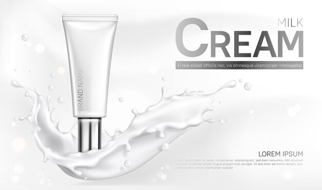 Banner de botella de cosméticos de crema de leche con splash