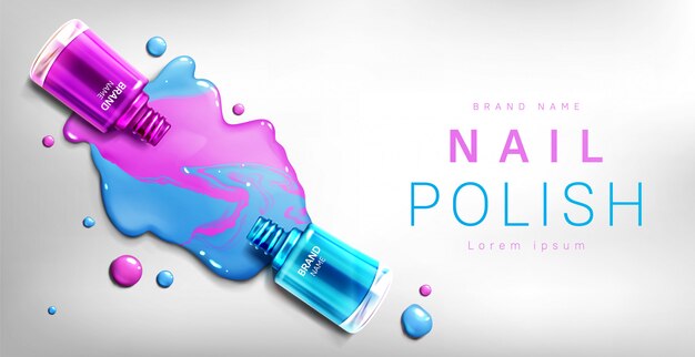 Banner de botellas 3d de esmalte de uñas, publicidad