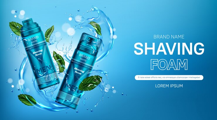 Vector gratuito banner de botellas de cosméticos de espuma de afeitar para hombres con menta