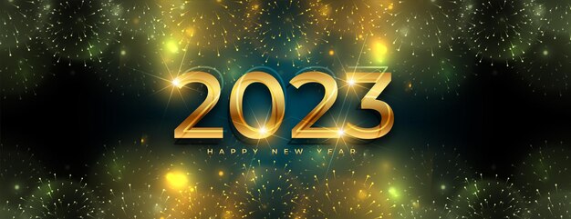 Banner brillante de gran celebración de año nuevo 2023 con efecto de fuegos artificiales