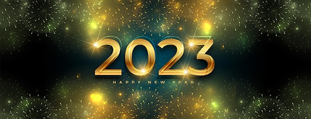 Banner brillante de gran celebración de año nuevo 2023 con efecto de fuegos artificiales