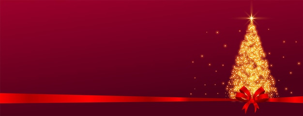 Banner de brillo de árbol de navidad estacional con cinta roja