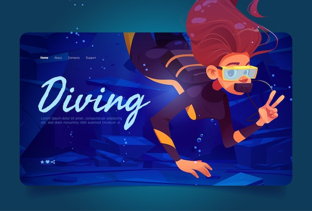 Vector gratuito banner de buceo con buzo de mujer bajo el agua