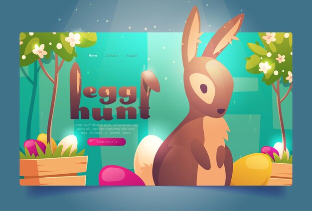 Banner de búsqueda de huevos de pascua con conejito y flores