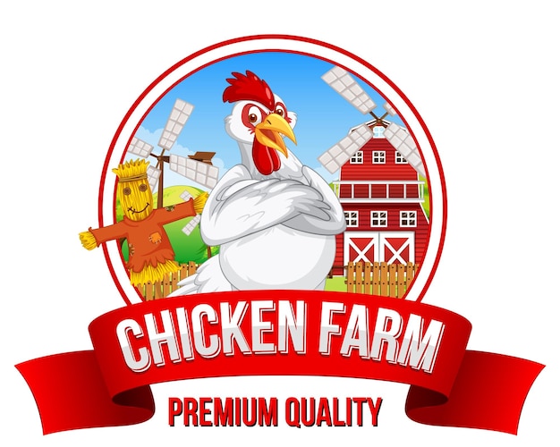 Banner de calidad premium de Chicken Farm con personaje de dibujos animados de pollo