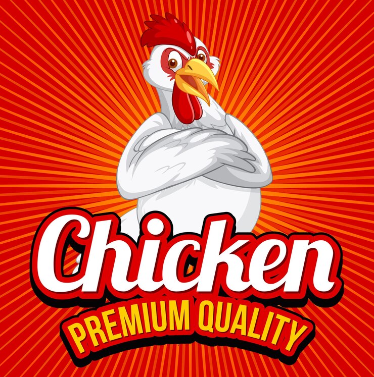 Vector gratuito banner de calidad premium de pollo con carácter de dibujos animados de pollo blanco