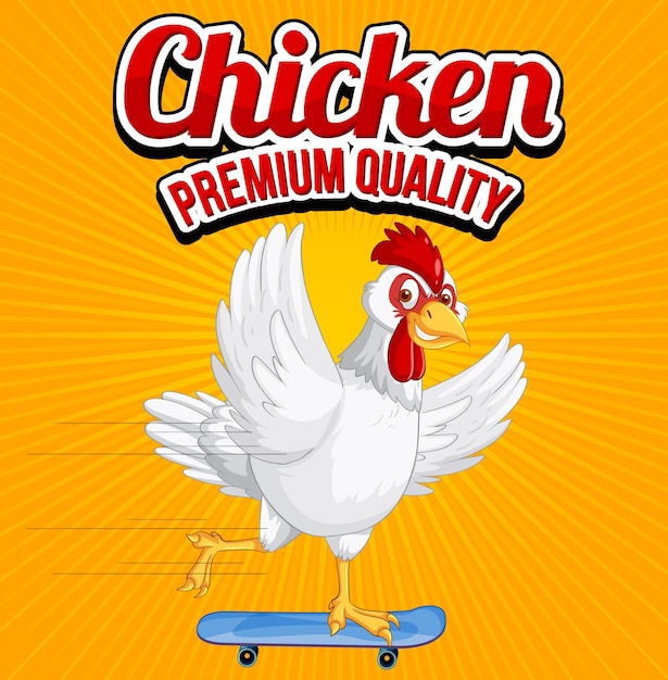 Vector gratuito banner de calidad premium de pollo con carácter de dibujos animados de pollo blanco