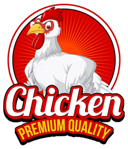 Banner de calidad premium de pollo con personaje de dibujos animados de pollo