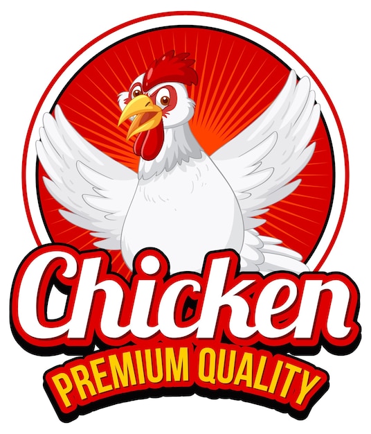 Banner de calidad premium de pollo con personaje de dibujos animados de pollo