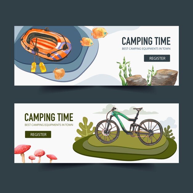 Vector gratuito banner de camping con bicicleta y barco