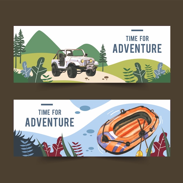 Vector gratuito banner de camping con ilustraciones de automóviles y barcos