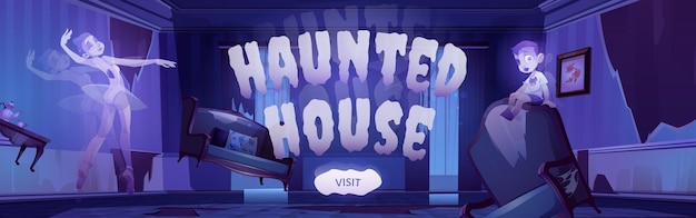 Vector gratuito banner de casa embrujada con ilustración de dibujos animados de fantasmas en la antigua sala de estar abandonada