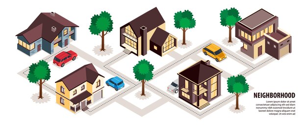 Banner de casas de cabañas de vecindario suburbio moderno