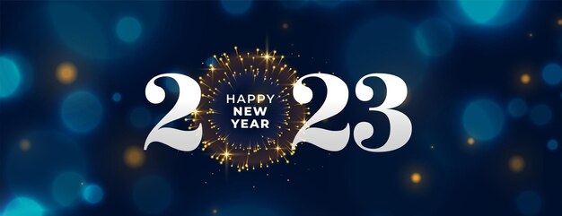 Banner de celebración de año nuevo 2023 en fondo de efecto de luz bokeh