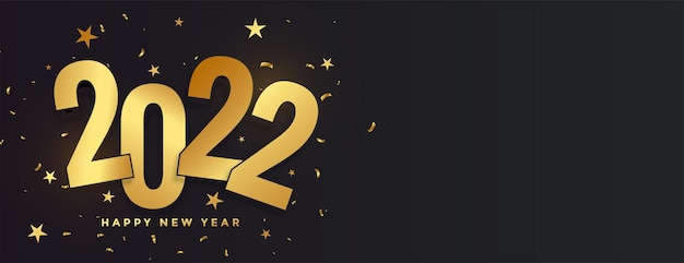 Banner de celebración de año nuevo elegante dorado 2022 con estrellas y confeti
