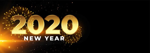 Banner de celebración de feliz año nuevo 2020 con fuegos artificiales