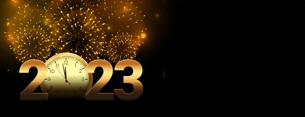 Banner de celebración de feliz año nuevo 2023 con fuegos artificiales y reloj